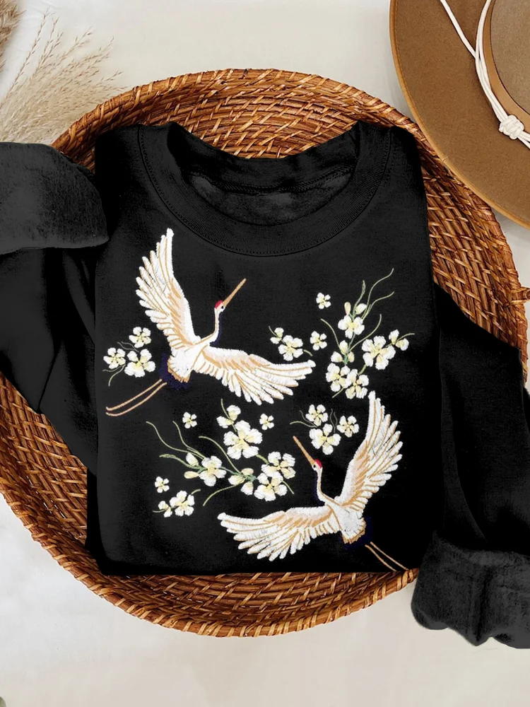 Japanese Flowesr & Cranes Embroidery Art Comfy Sweatshirt