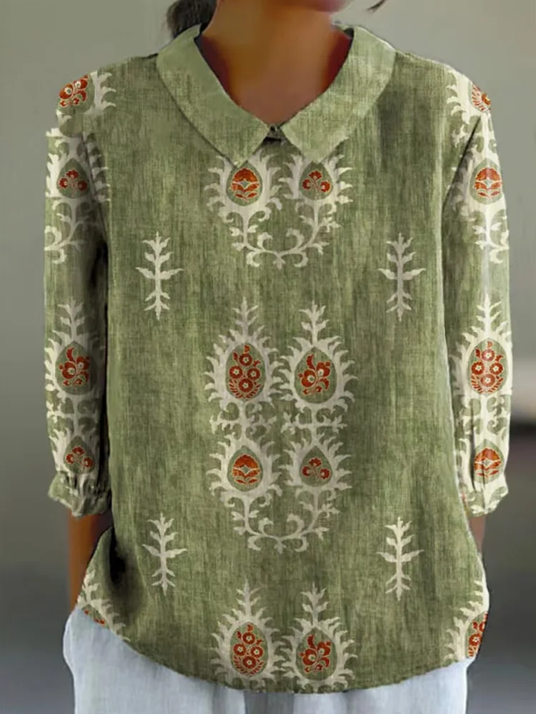 Women's Vintage Botanical Floral Patchwork Art Print Design Lapel Shirt