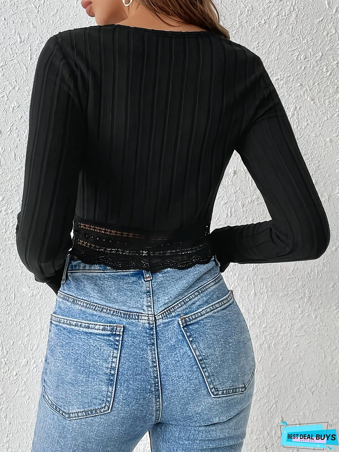 Contrast Lace Square Neck T-Shirt, Casual Long Sleeve Ribbed Top For Spring & Fall, Women's Clothing