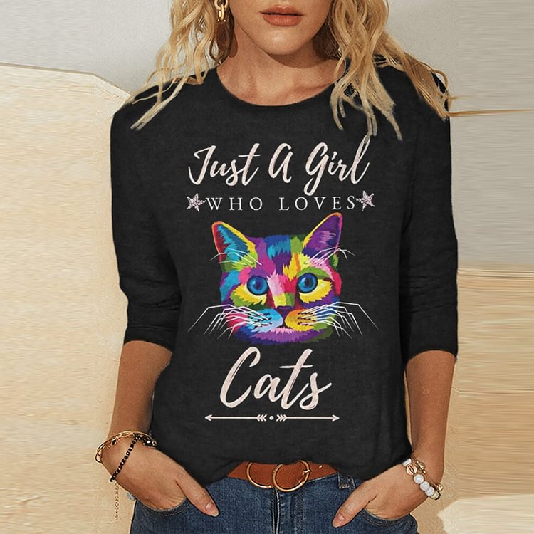 Vefave Colorful Cat Print Casual Long Sleeve T-Shirt