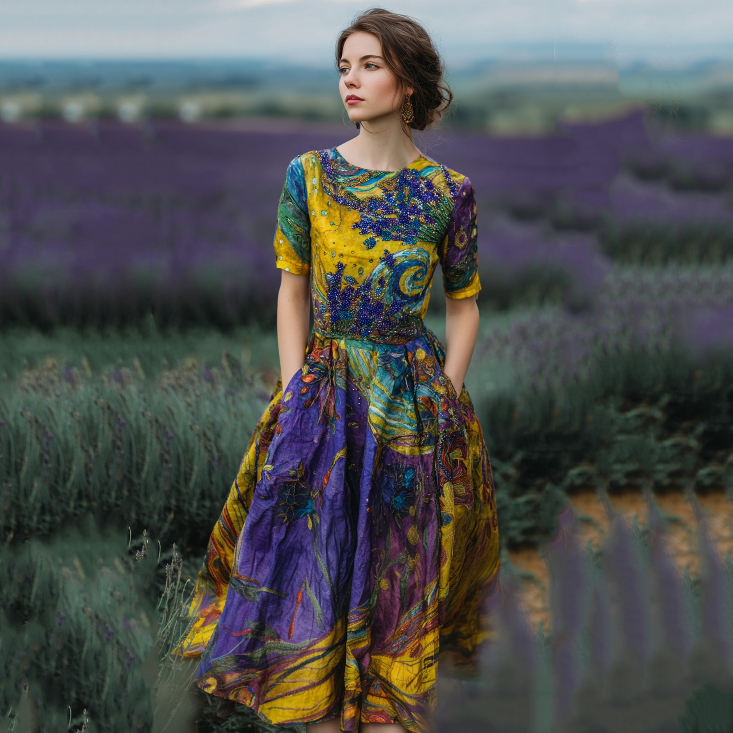 Vintage Lavender Starry Sky Oil Painting Print Linen Midi Dress  artssus