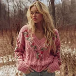 Women's Vintage Boho Roses Art Chunky Knit Cozy Sweater - Image 2