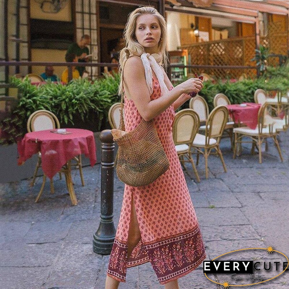 Spring Summer New Ladies Bohemian Print Hem Stitching Split Straight Sling Dress Women V Neck Spaghetti Strap Sexy Dresses