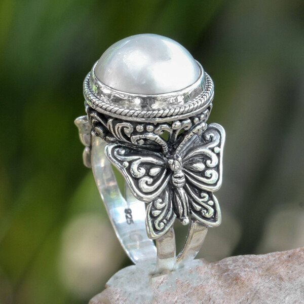 Vintage Sterling Silver Butterfly White Pearl Ring