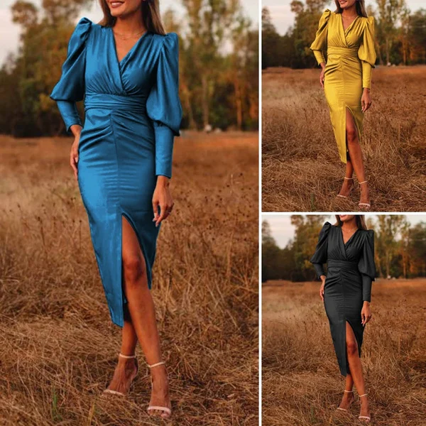 Women Satin Silk Puff Long Sleeve V Neck Pleated Belt Long Dress Casual Elegant Wrap Party Sundress Plus Size Vestidos