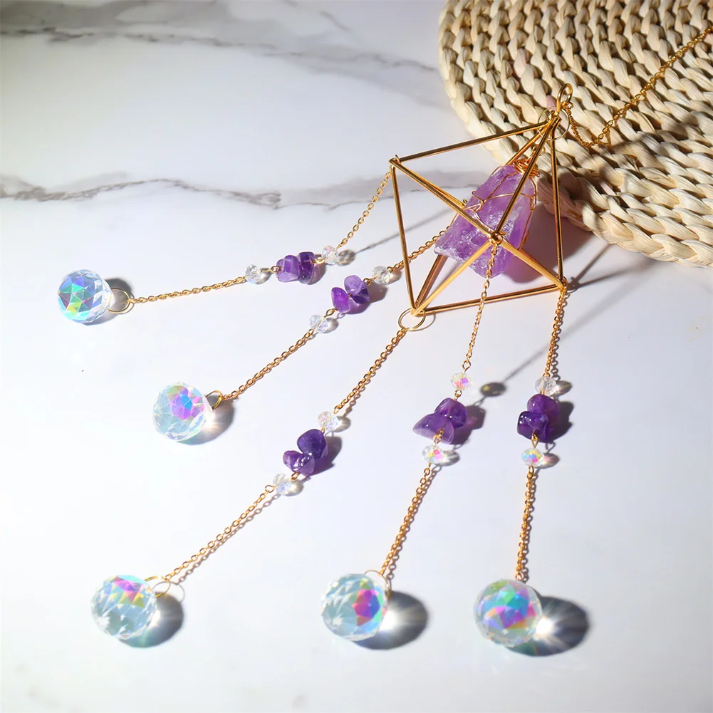 Crystal Wind Chimes Natural Stone Prism Light Catcher Garden Decor (Purple)