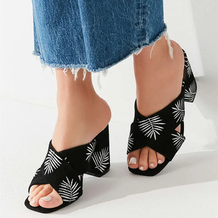 Black Embroidery Vegan Suede Cross Over Chunky Heel Mules |FSJ Shoes