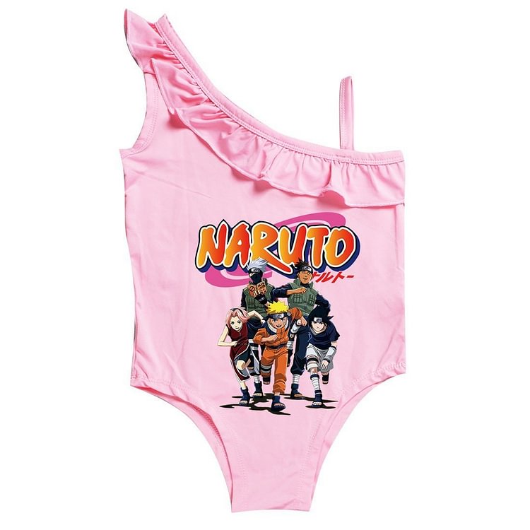 Mayoulove Naruto Print Little Girls One Piece Ruffle Shoulder Swimsuit-Mayoulove