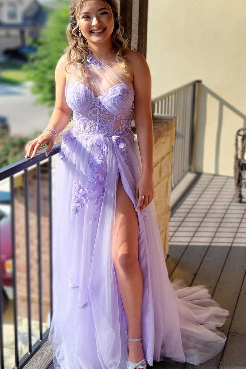 Dresseswow Lilac One Shoulder Sleeveless A-Line Prom Dress Appliques Tulle With High Split