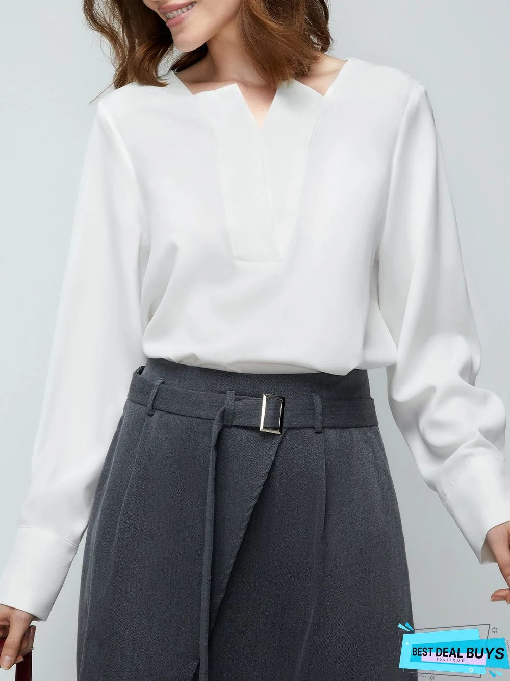 White Daily Long sleeve Plain V Neck Simple Blouse