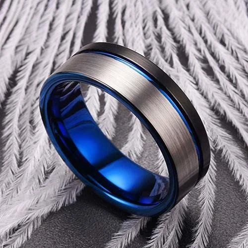 6MM 8MM 10MM Women's Or Men's Blue,Black and Silver / Gray Triple Tone Tungsten Carbide Wedding Rings Pipe Cut Flat Edges and Comfort Fit