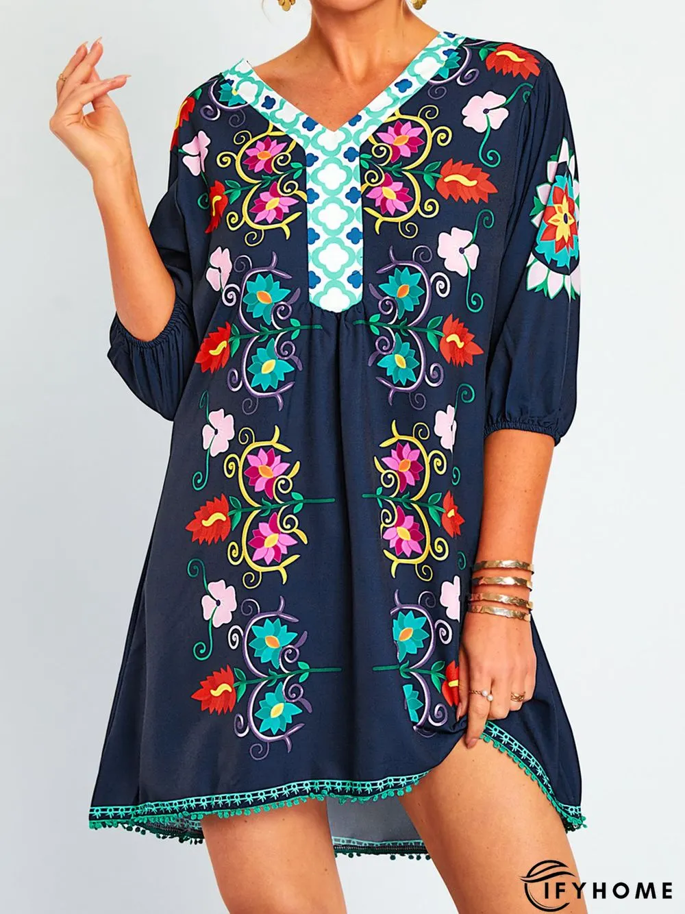 Cotton-Blend Casual Floral Weaving Dress | IFYHOME