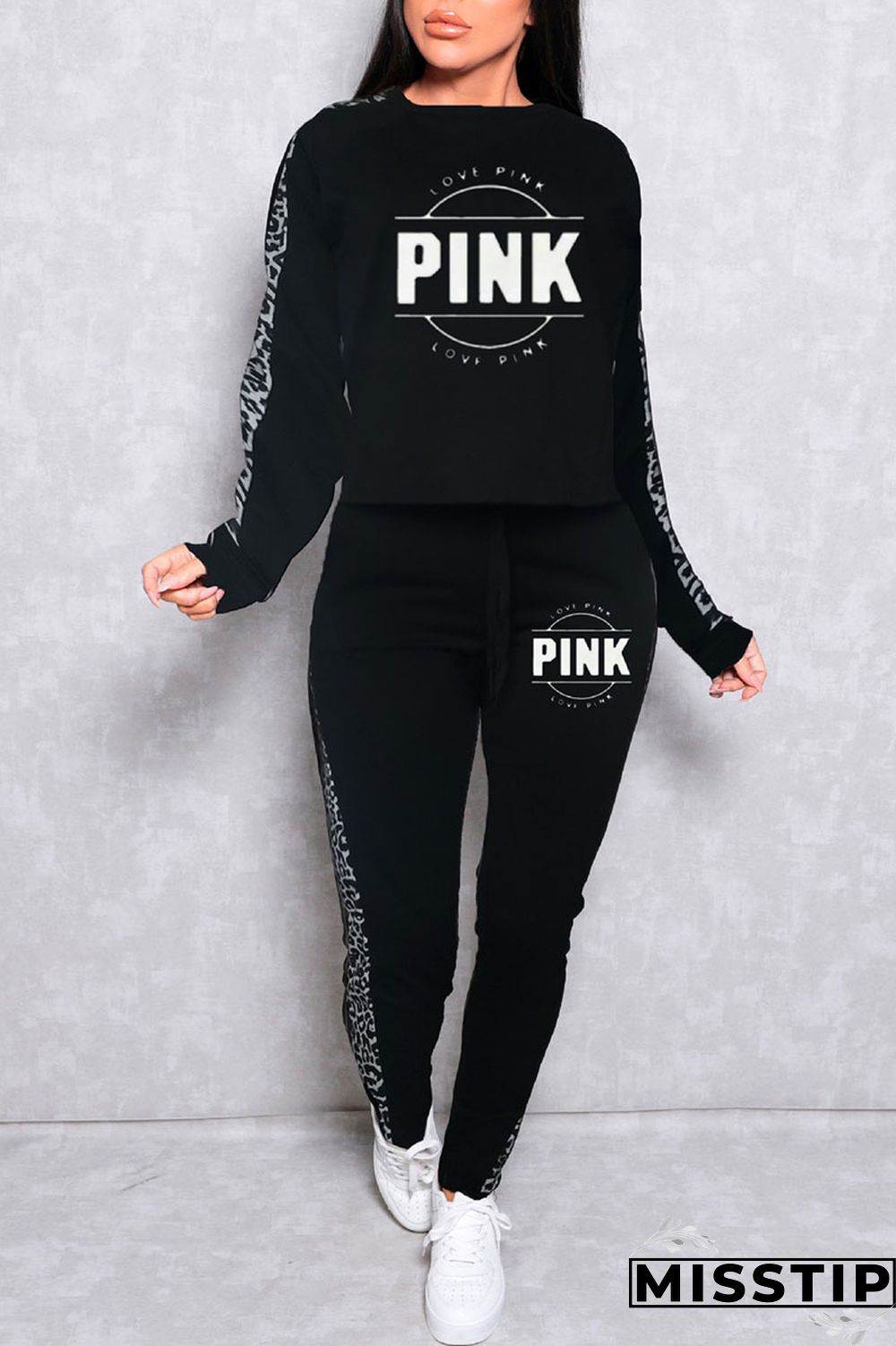 Grey Casual Print Patchwork O Neck Long Sleeve Two Pieces