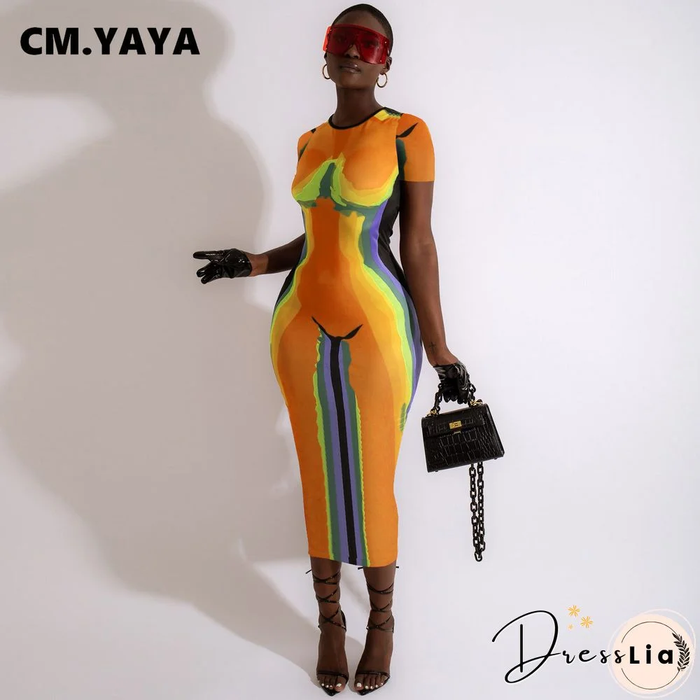 CM.YAYA Women 3D Printed Short Sleeve O-neck Bodycon Midi Maxi DressFor Summer Sexy Night Party Clubwear Long Dresses