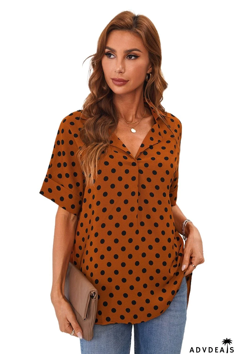 Dotted Print V Neck Drape Front Blouse
