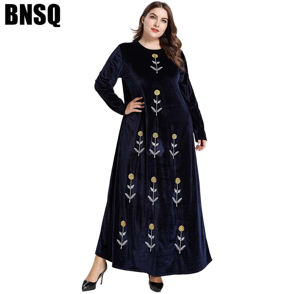 Casual Long Sleeve Botanical Embroidered Velvet Maxi Dress