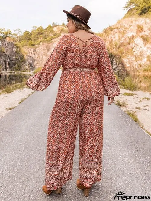 Plus Size Printed V-Neck Tie Front Balloon Sleeve Jumpsuit