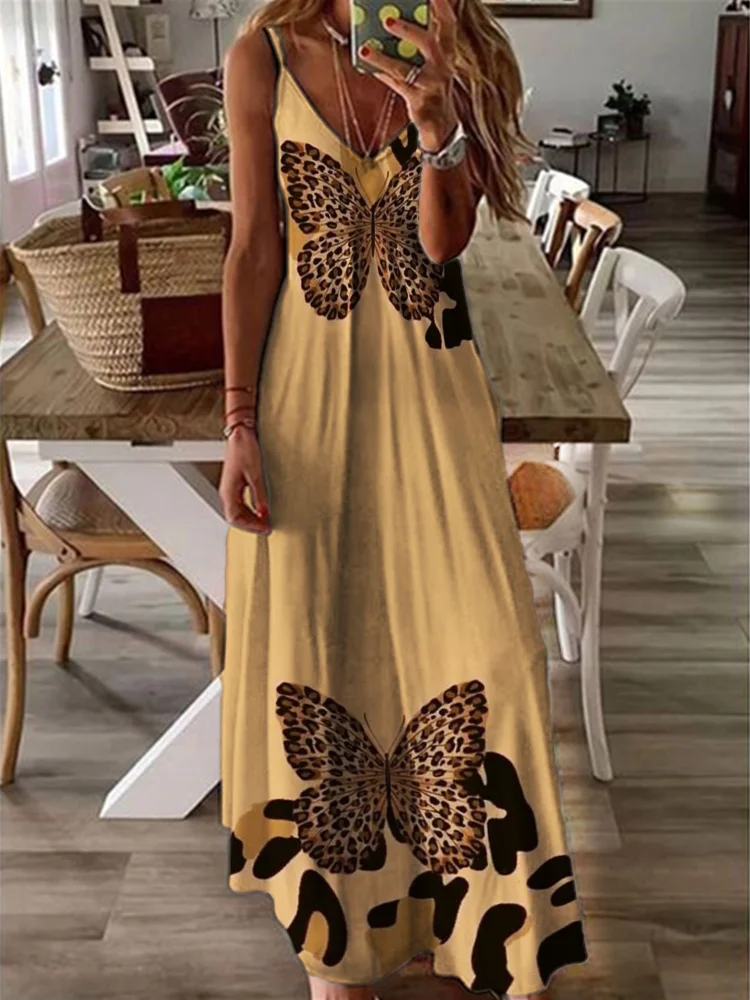 VChics Leopard Butterflies V Neck Cami Maxi Dress