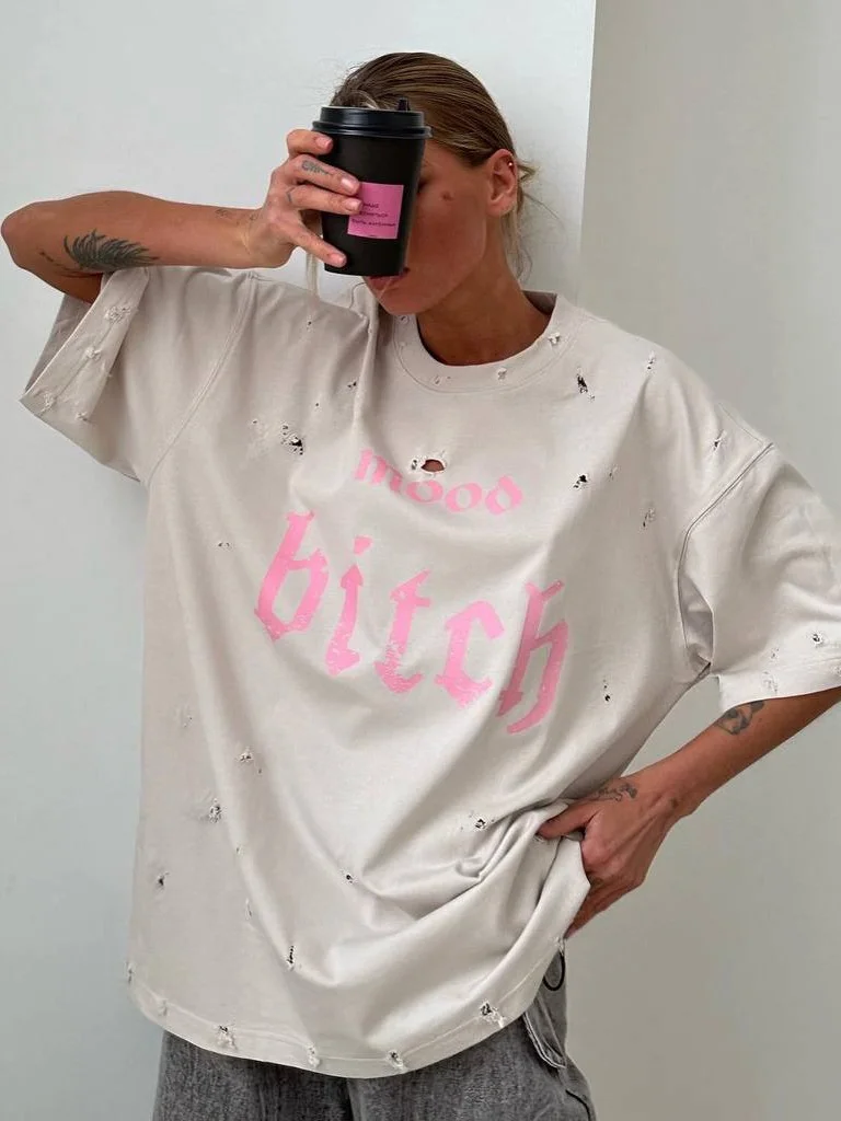 Athvotar Athvotar Do Old Water Washing Letter Design Printing Short-Sleeved Women's Spring And Summer Loose Round-Neck T-Shirt Lazy Wind