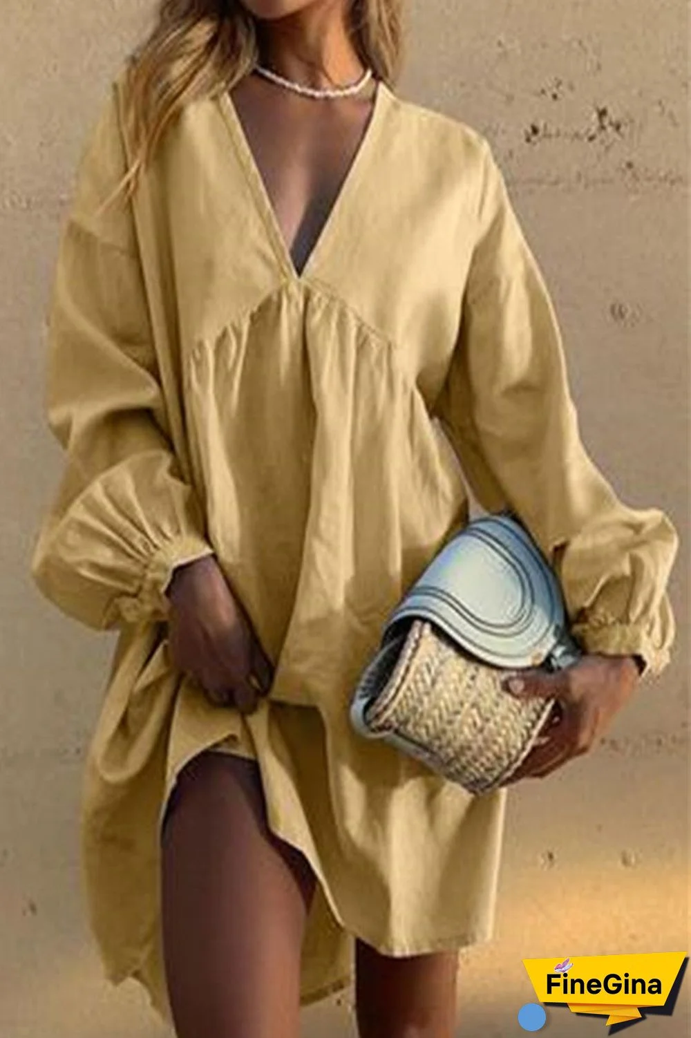 Casual Simplicity Solid Patchwork V Neck Long Sleeve Dresses(4 Colors)