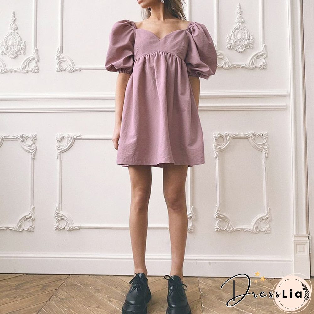 Cotton V-Neck Loose Lantern Sleeve Mini Dress Fashion Blue Summer Women A-Line Solid Retro