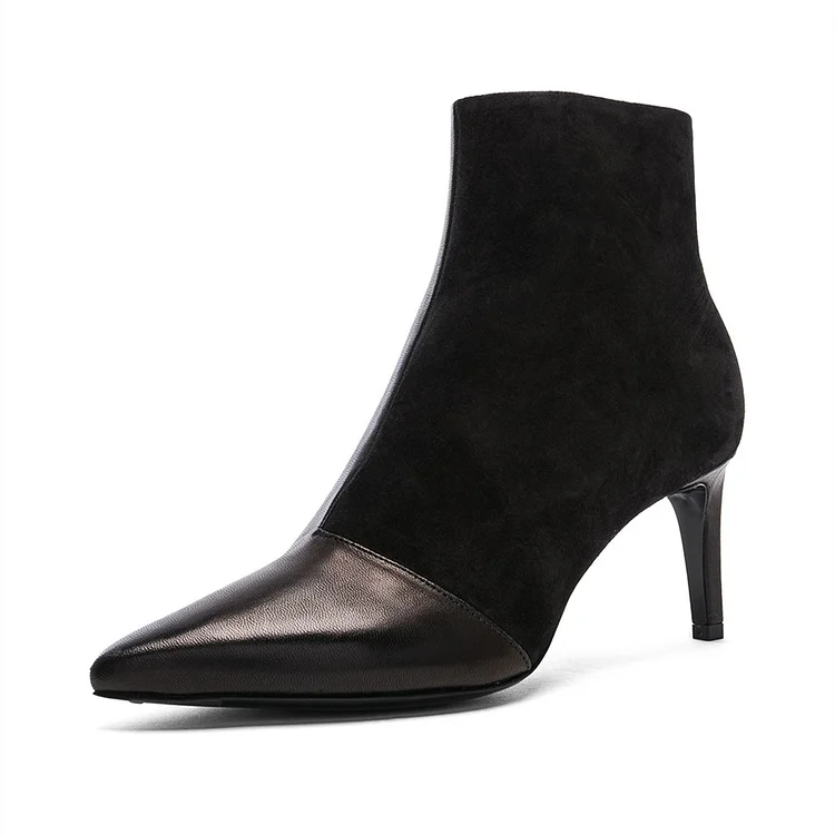 Black Vegan Suede and Faux Leather Stiletto Heel Ankle Boots |FSJ Shoes
