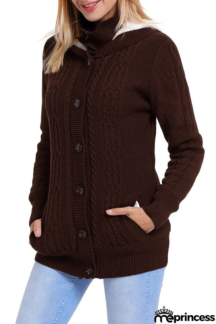 Brown Long Sleeve Button-up Hooded Knit Cardigans