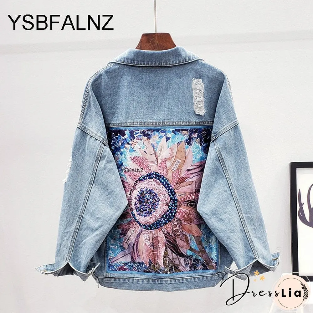 Womens denim jacket-feminine spring autumn boho sequin floral appliques embroidery coat
