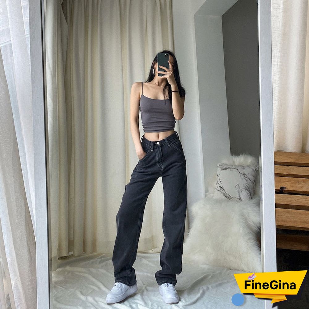High Waisted Womens Jeans-Wide Leg Denim Clothing Blue Vintage Quality Fashion Harajuku