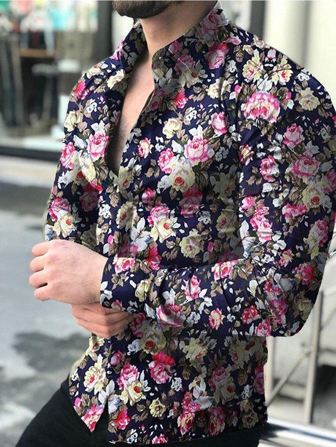 Black Printed Casual Floral Shirt Collar Shirts & Tops