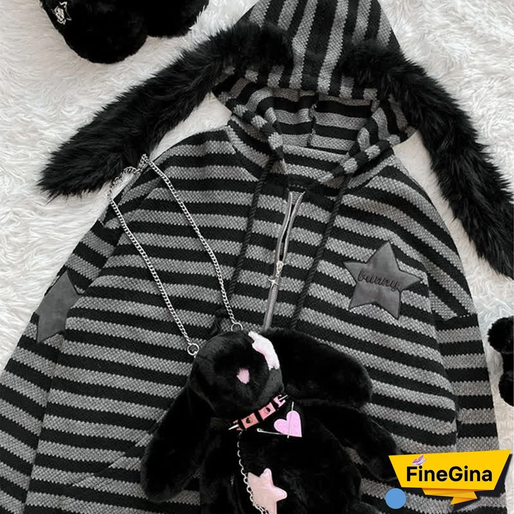 Long Bunny Ears Star Stripe Print Zipper Hooded Sweatshirt
