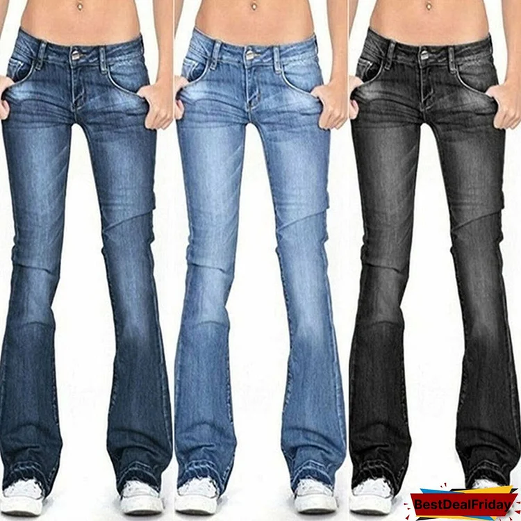 Women'S Fashion Button Slim Show Casual Thin Jeans Flared Trousers Long Pants