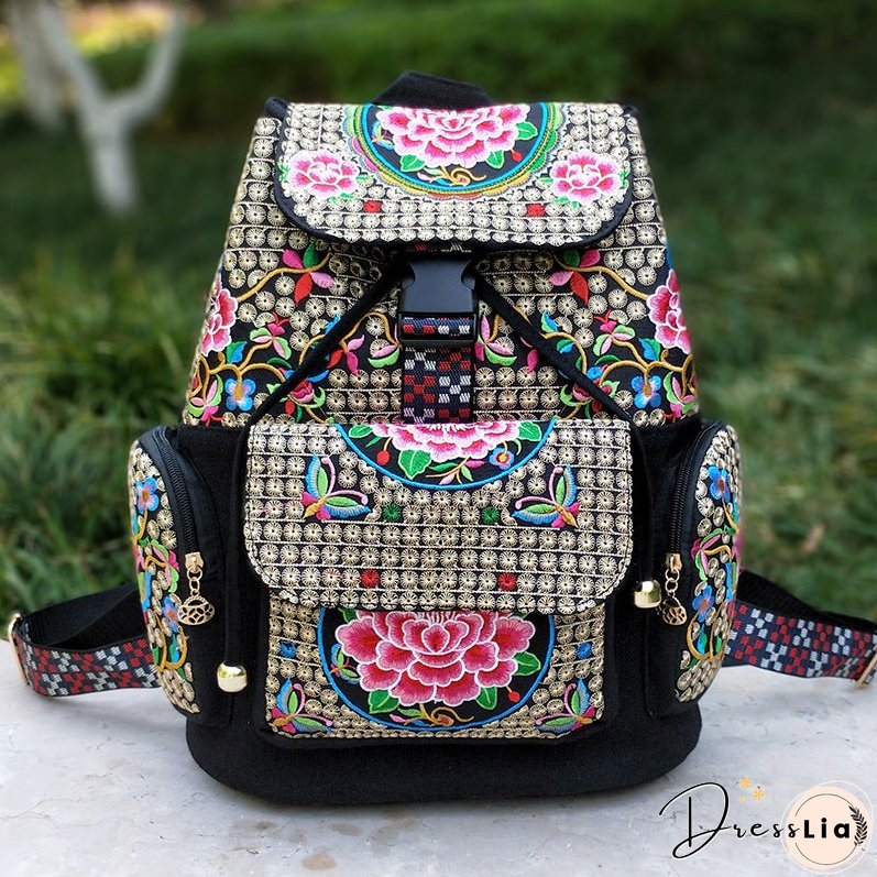 New Embroidery Bag Ethnic Style Bag Women's Large Capacity Canvas Backpack Travel Bag Fabric Art