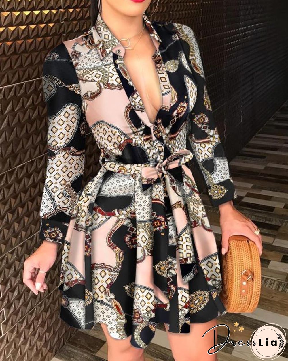 Autumn and Winter New Long Sleeve V-neck Bandage Fashion Sexy Printed Dress