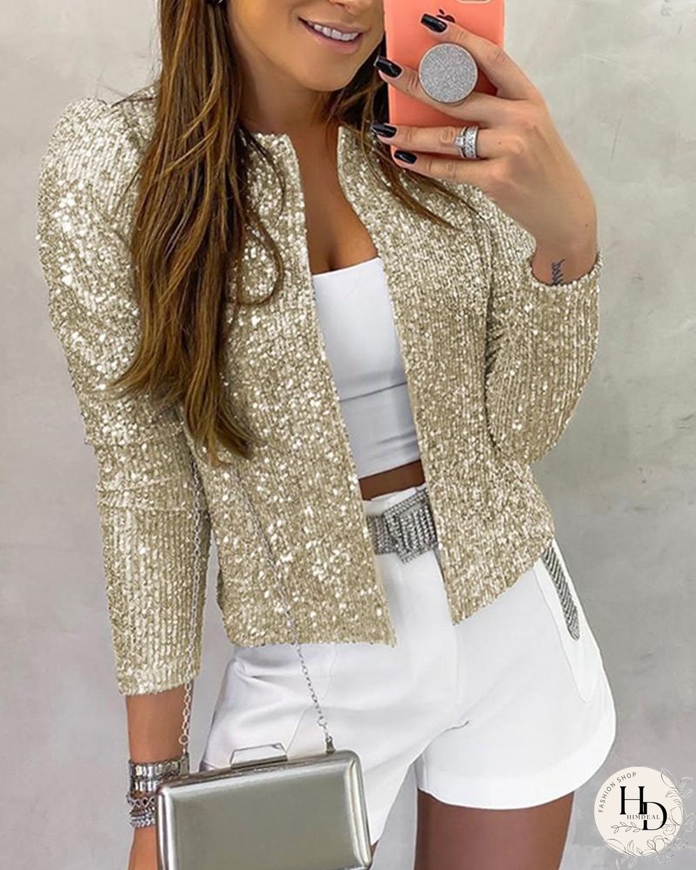 Long Sleeve Open Front Sequin Coat