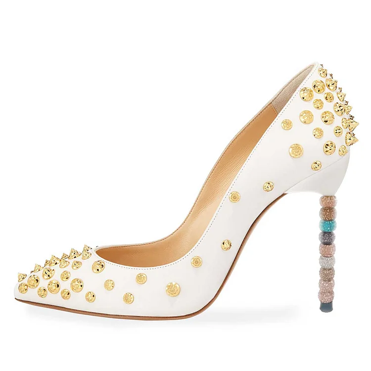 White Pointed Toe Sculptural Heels Pumps Shoes with Gold Studs |FSJ Shoes