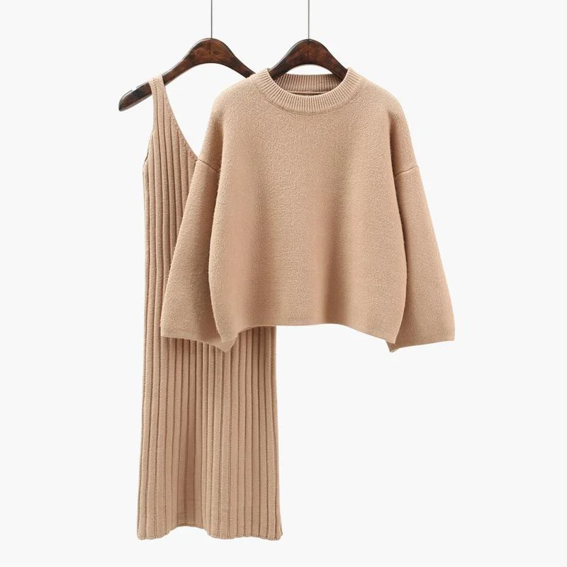 Two Pieces Suit Women Sweater Dress Set Spring Winter O Neck Loose Sweaters And Knitted Vest Dress Female Jumper Sweater Dress