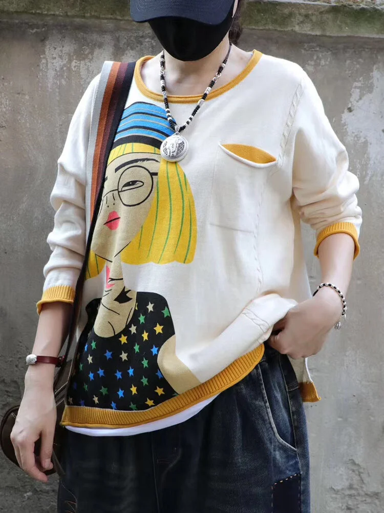 Cartoon Retro Printed O-neck Long Sleeve Sweater