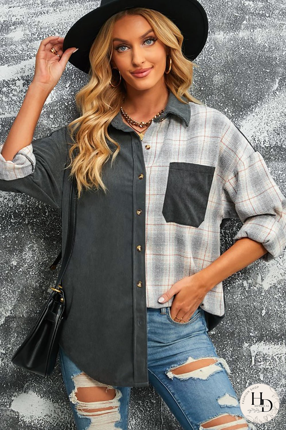 Double Take Plaid Color Block Dropped Shoulder Corduroy Shacket