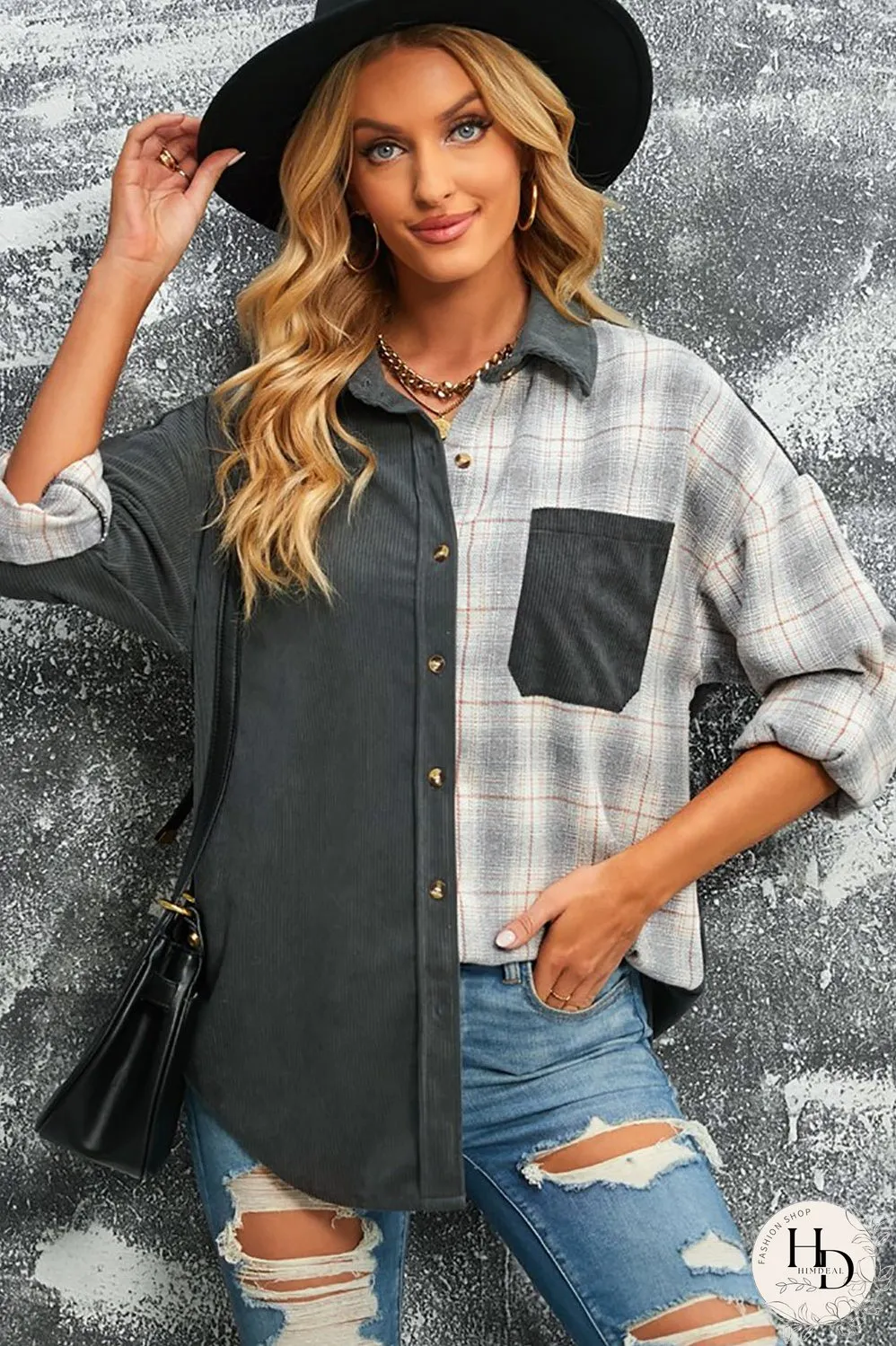 Double Take Plaid Color Block Dropped Shoulder Corduroy Shacket
