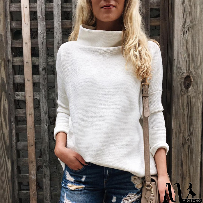 MidiSono - White Fashion High-Necked Long-Sleeved Knit Sweater