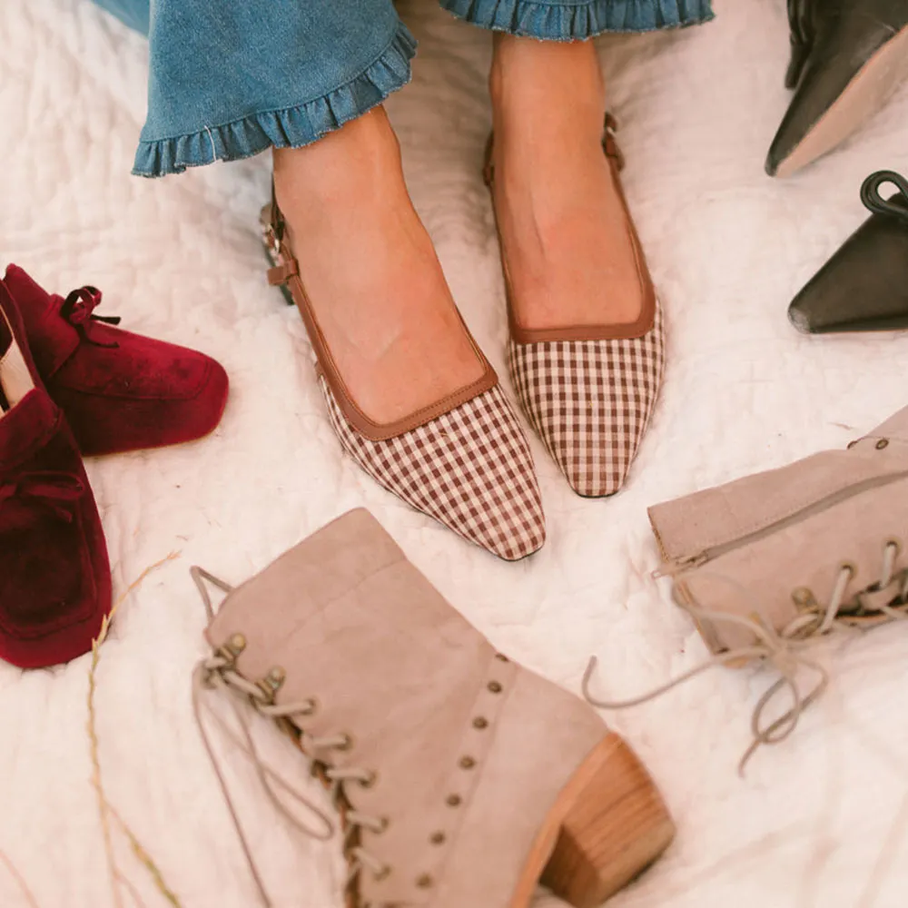 Brown & White Plaid Square Toe Slingback Flat Shoes for Women