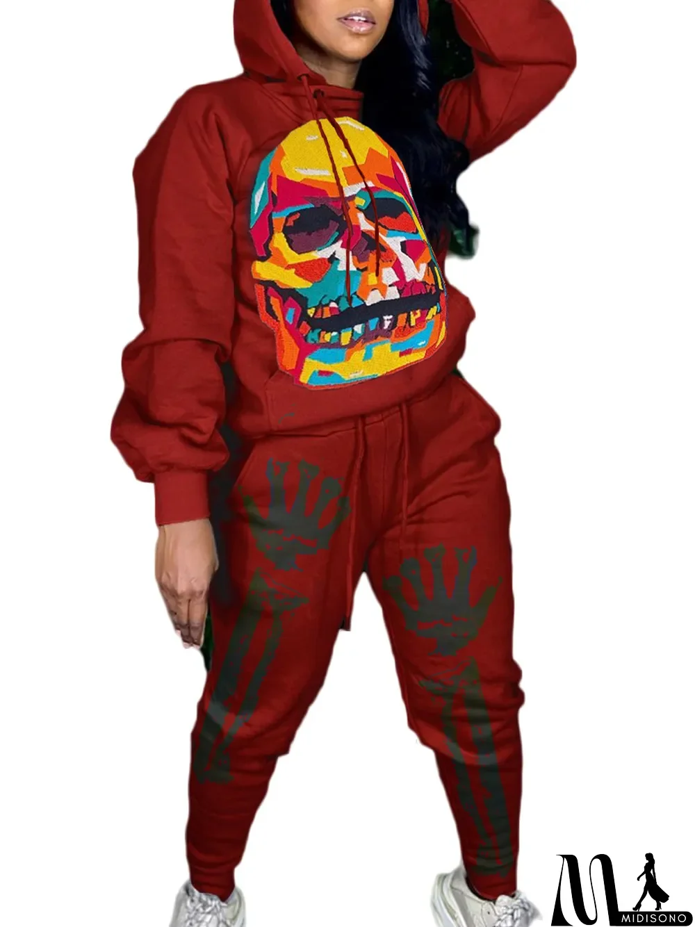 MidiSono - New Autumn Skull Halloween Thick Print Hat Long Suit