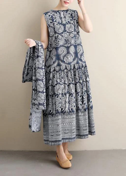 Style O Neck Sleeveless Spring Blue Print Maxi Dress