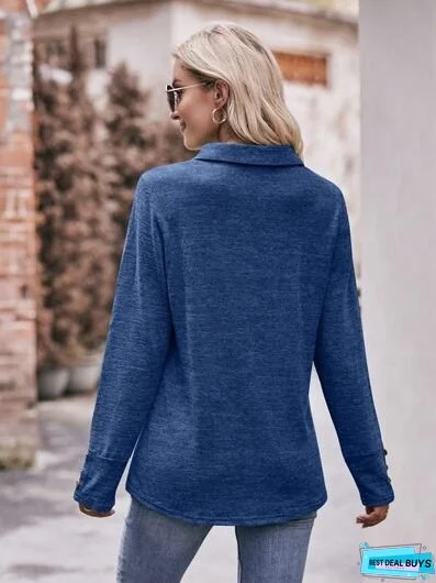 Decorative Button Johnny Collar Long Sleeve Blouse