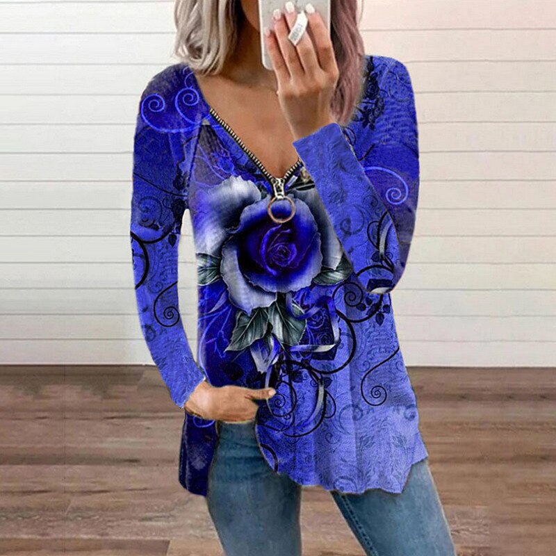 Summer Women T Shirts Rose Printed Zipper V Neck Long Sleeve Loose Pullover Tees Casual Lady Tops Fashion Blouse Plus Size