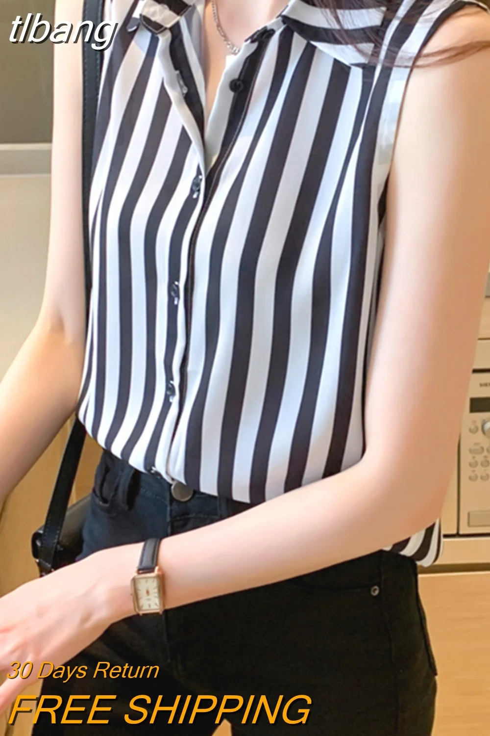 tlbang and White Striped Woman Shirts Summer Tank Top Blouse for Women Sleeveless Blouses Chiffon Ladies Tops OL Female Clothing