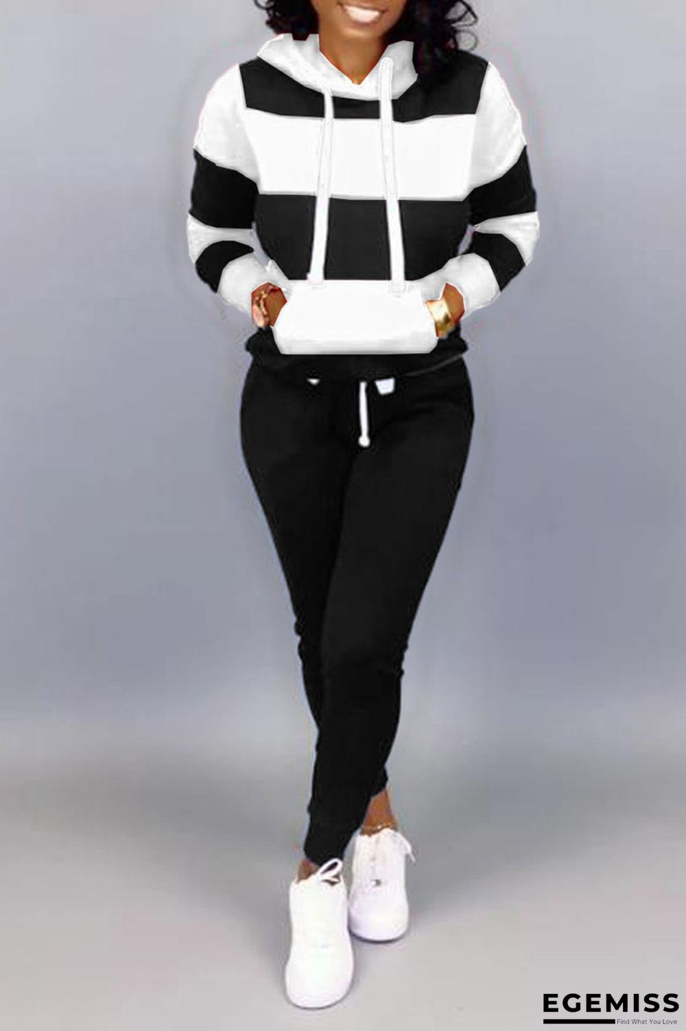 Black adult Fashion Casual Solid Two Piece Suits Striped Patchwork pencil Long Sleeve | EGEMISS