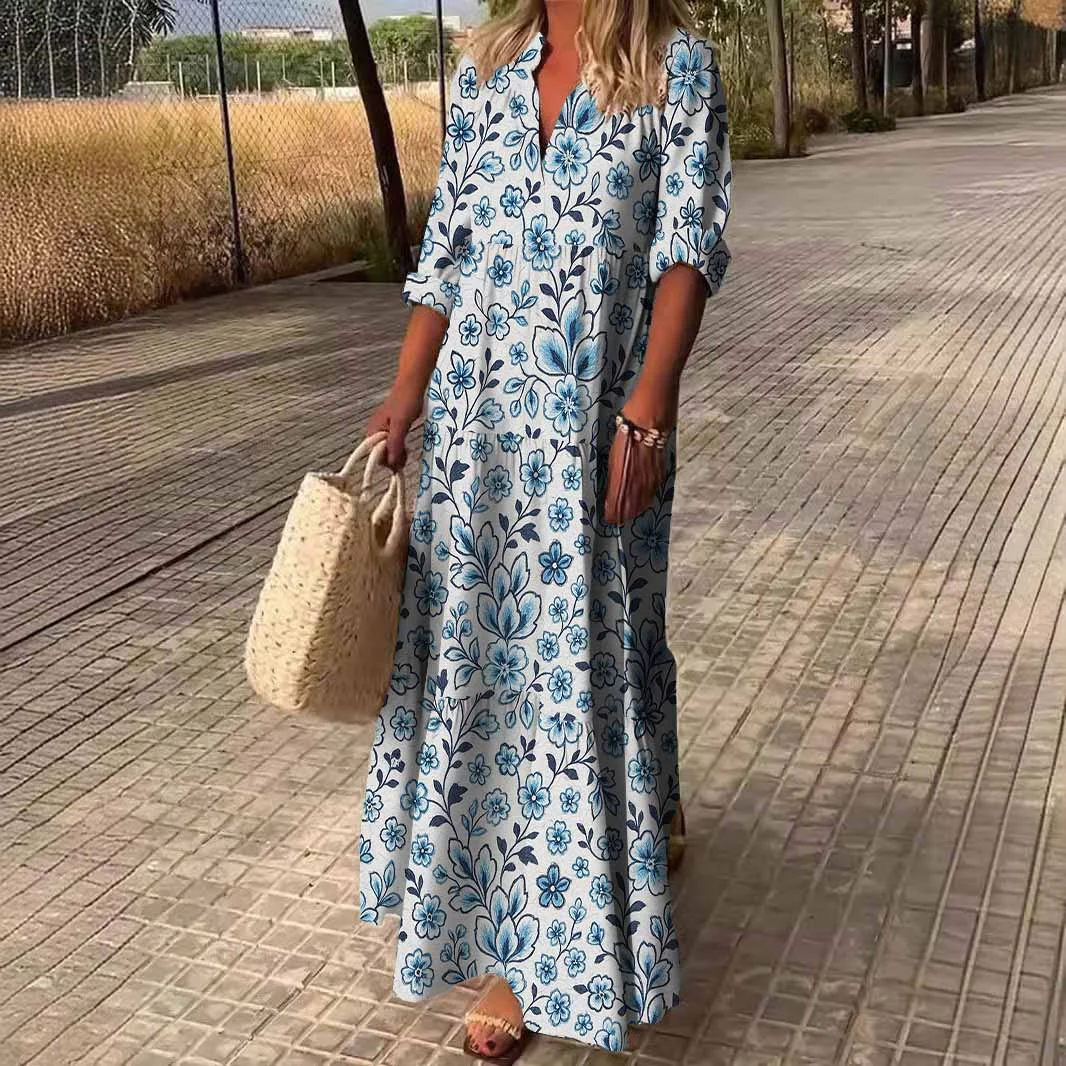 Women Floral,Blue,Black DZDN0267 SPU Printed Long Sleeve V-neck Maxi Dress