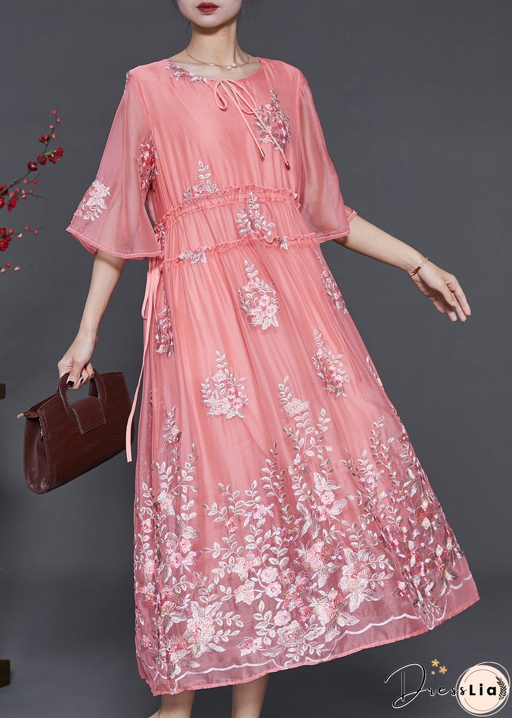 Women Pink Embroidered Silk Cinched Dress Summer